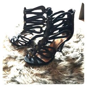 Straps Black Leather Heels